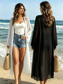 2pcs Women's Bohemian Style Black Chiffon Belted Long Sleeve Outerwear Set, Paired With Flowing Poncho - Lightweight, Non-Stretch Fabric, Suitable For Spring And Autumn Elegant - Black - View 3