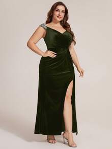 EVERPRETTY Plus Size Elegant Luxury Velvet & Sequin Patchwork Slit Twisted Fishtail Formal Evening Gown For Party And Wedding - Olive Green - View 4