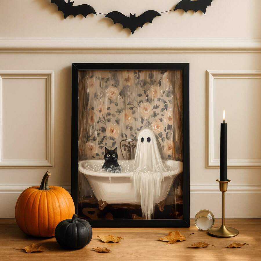 1pc Frameless Halloween Ghost Cat Bubble Bath Pattern Horror Bathroom Wall Art Poster, Aesthetic Apartment Living Room Bedroom Decor, Back To School Personalized Poster, Dorm Essentials - Frameless - View 1