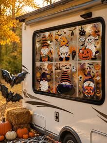 Halloween Goblin Static Window Stickers, Featuring Pumpkin, Ghost, Bat, Skull And Spider Patterns. These Reusable Stickers Are Perfect For "Trick Or Treat", Suitable For Decorating Home Windows, Porches And Indoor Spaces, Ideal For Halloween Parties. - Multicolor - View 6