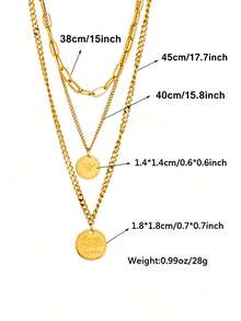 1pc Stainless Steel Double Layer Engraved Round Plate Necklace, Gold Plated - Yellow Gold - View 5