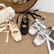 Lace-Up Ballet Flats With Bow, Soft Style, Women's Mary Jane Shoes With Square Toe And Low Heel, Spring Flats - Grey - View 2