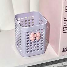 1pc Stationery Pen Holder + 1pc Pink Bow - Pencil Organizer, Cosmetic Storage Box, Desktop Organizer, Desktop Stationery Storage, Desktop Storage Tool, Portable Easy-To-Carry Student Office Storage, Square Multi-Functional Storage Box - Multicolor - View 9