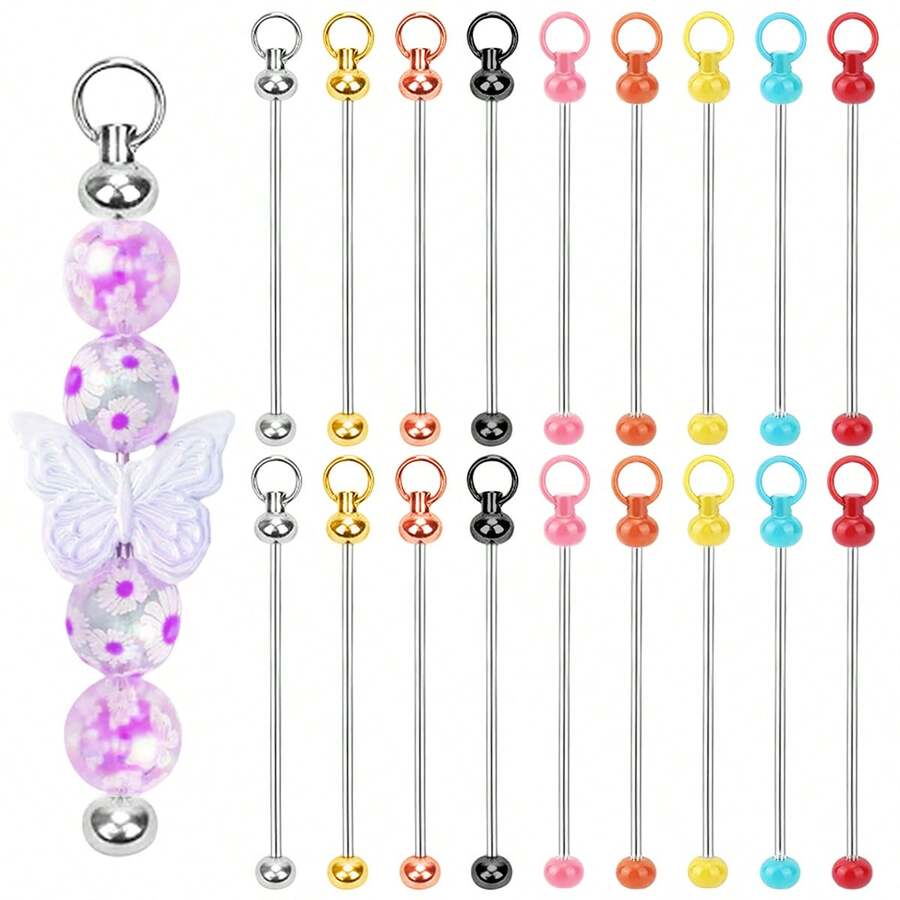 12pcs Blank Beaded Keychain Rods, Metal Beaded Rods With Hanging Rings ...