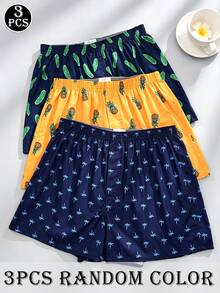 3 Pcs/Pack Men's Breathable Elastic Waist Printed Boxer Shorts, Loose Casual Underwear - Multicolor - View 9