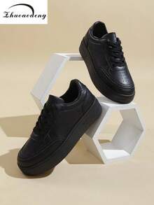 Women's Thick Sole Color Block Round Toe Lace-Up White Casual Sneakers, Spring Autumn Simple Fashion Leisure Flats,Trainers Women - Black - View 2