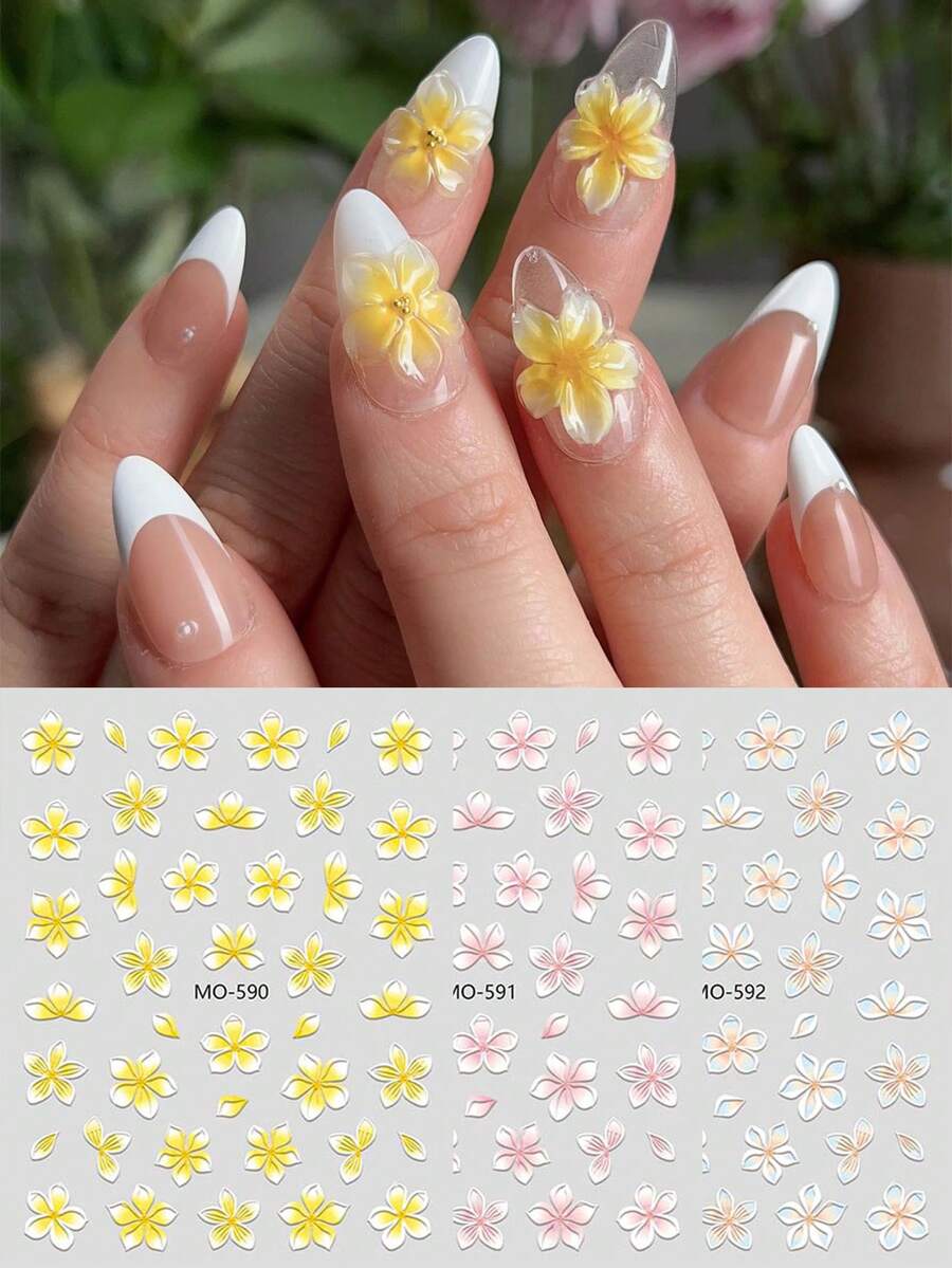 3PCS Elegant Tropical Frangipani Flower Nail Stickers 3D Kawaii Embossed Floral Nail Art Decals For Summer Holiday/Wedding Party DIY Nail Charms Decorations - Multicolor - View 1
