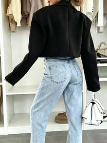 Women's Minimalist Vintage Casual Elegant Black Short Blazer Jacket Long Sleeve, Suitable For Spring Autumn Winter, Suitable For Daily Casual, Also Suitable For Work Business Party, Commute Office Outfit - Black - View 4