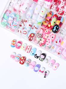 360pcs (15 Styles) Multicolor Cartoon Acrylic Nail Stickers Gift Box, Cute Cartoon Pattern Design, Press-On Nails, Glossy Finish - Suitable For Children Girls Nail Decoration - Multicolor - View 4