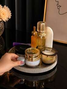360° Rotating Full Rhinestone Cosmetic Tray, Luxury Perfume & Skincare Storage Display Plate, Bathroom Countertop/Vanity Decor - Multicolor - View 7