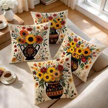4pcs Sunflower Floral Pattern Pillow Covers Without Inserts, Single-Sided Printed Pillow Covers, Suitable For Living Room Bedroom Home Decor, All Season Pillow Covers - Multicolor - View 6