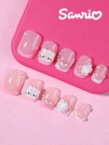 Sanrio Hello Kitty 24片短方型法式穿戴甲 3D可愛Hello Kitty鑽飾愛心花朵珍珠設計假指甲套組，含1片果凍膠與1片指甲锉，適合女孩日常使用的美甲指甲 - 彩色 - 查看 2