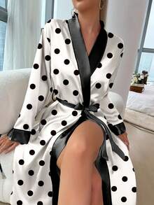 Women's Spring/Autumn Thin Polka Dot Colorblock Romantic Robe, Casual Minimalist For Home And Bedroom - Black and White - View 4