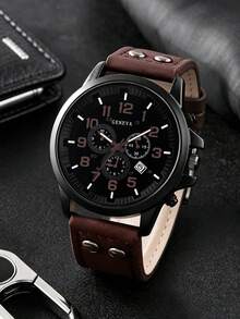 1/2/5pcs Men's Quartz Watch Set With PU Leather Strap And Brown Series Accessories, Casual Minimalist Style, Suitable For Daily Commute, Excellent Gift - Mouldless - View 7