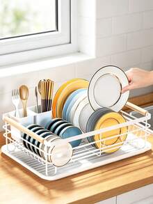 Black & White Carbon Steel Dish Drying Rack With Wooden Handle, Large Capacity Countertop Dish Rack,Kitchen Storage Rack,Countertop Plate Bowl Cup Organizer With Removable Utensil Holder & Drain Tray, Multi-Size Kitchen Dish Storage Rack For Home - View 2