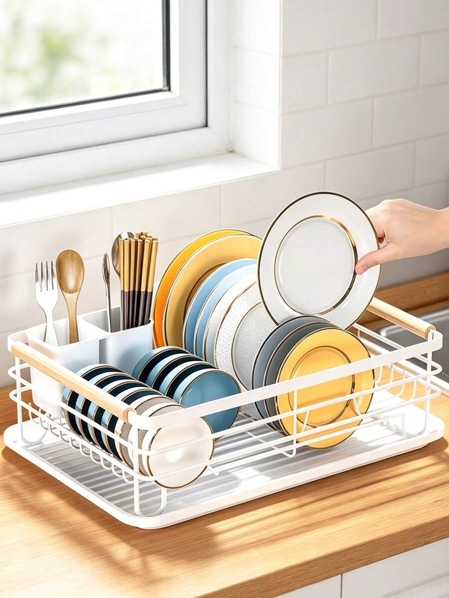 Black & White Carbon Steel Dish Drying Rack With Wooden Handle, Large Capacity Countertop Dish Rack,Kitchen Storage Rack,Countertop Plate Bowl Cup Organizer With Removable Utensil Holder & Drain Tray, Multi-Size Kitchen Dish Storage Rack For Home