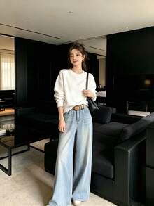 女款休閒百搭日常旅行牛仔褲，附口袋與鈕扣設計 - 淺色水洗藍 - 查看 8