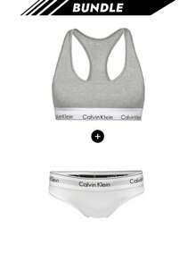 Calvin Klein [Bundle] Claudia Unlined Bralette + Modern Cotton Women's Briefs - Grey+White - View 1