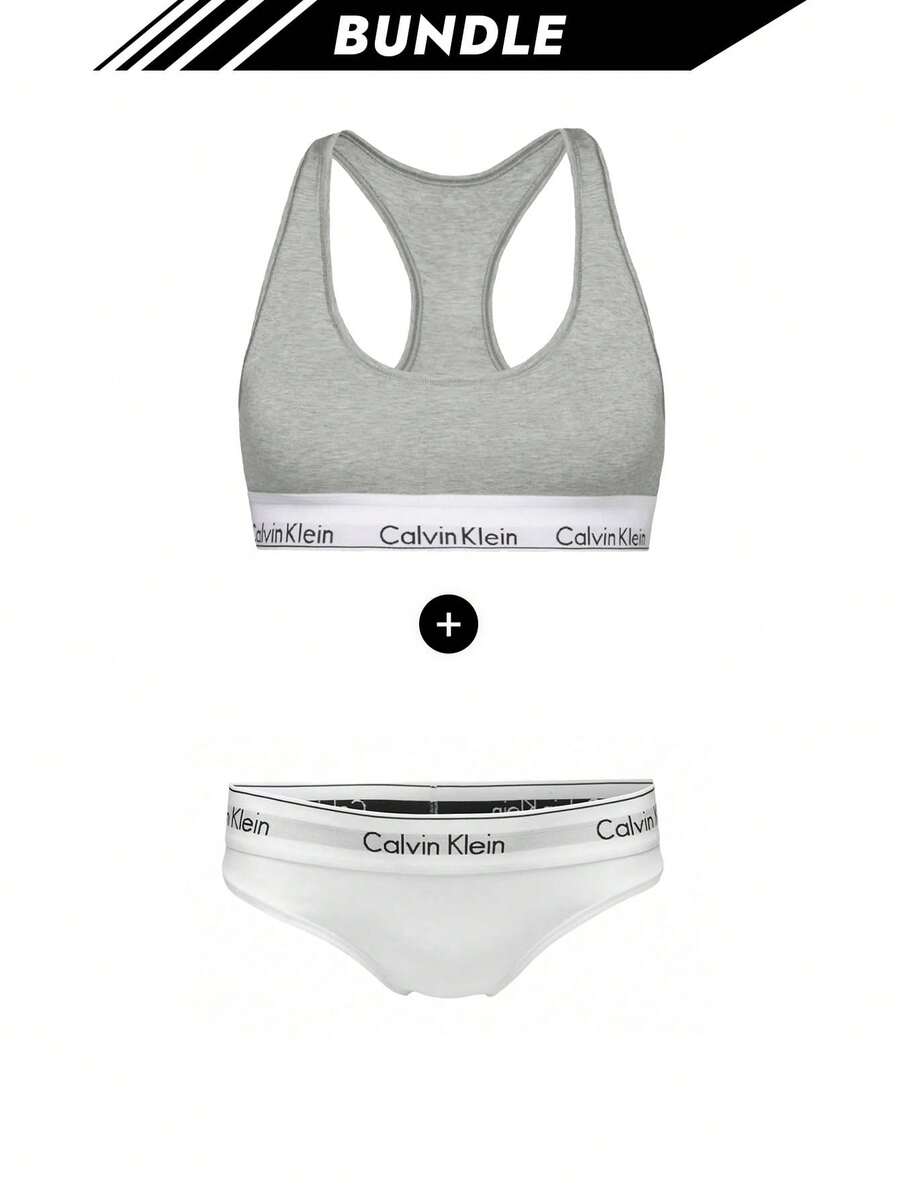 Calvin Klein [Bundle] Claudia Unlined Bralette + Modern Cotton Women's Briefs - Grey+White - View 1