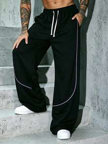 Men's Drawstring Waist Contrast Color Arc Line Loose Wide Leg Casual Pants, High Street Style Outdoor Wear Sports - Black - View 2