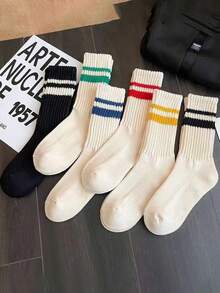 1/6/10 Pairs Autumn/Winter Contrast Color Unisex Slouch Socks, Minimalist Striped Knee-High Socks - Multicolor - View 3