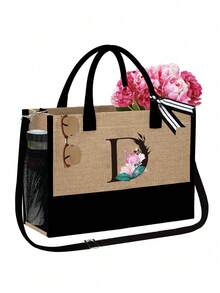 Women's Beach Tote Bag With Shoulder Strap, Pink Peony Flower A-Z Letter Print Tote Bag, Comes With Shoulder Strap And Makeup Bag; Vacation Beach Commute Shopping Bag, Gift Bag With Side Pockets, Large Capacity Handbag, Can Hold Books, Cosmetics, Parasol, Suitable For Daily Commute, Travel, Picnic, Camping, Students, Large Capacity Laptop Tote Bag, Student Commute Canvas Bag, Back To School Gift, Teacher's Day Gift - Multicolor - View 50
