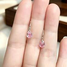 Minimalist 925 Sterling Silver Plain Silver Ear Hooks With Small Cubic Zirconia Water Drop Earrings, Multiple Colors Available, Suitable For Daily Wear - Pink - View 3