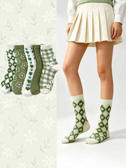 5 Pairs Fresh Green Plaid Floral Mid-Calf Socks For Women