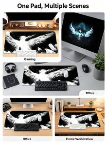 Mouse Pad Gamer Grande com Arte de Asa de Anjo em Tinta Preto e Branco, 3 Tamanhos, Superfície de Tecido Liso, Base de Borracha Antiderrapante, À Prova d'Água, Resistente a Manchas, Borda Costurada com Precisão, Tapete de Mesa para Laptop, PC, Escritório e Jogos - Visão 3