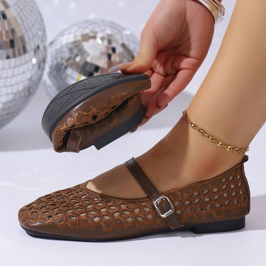 Women's Summer Breathable Hollow Crochet Oval Eye Pattern Square Toe Single Strap Flat Mary Jane Shoes, French Commute Daily Casual Brown Polyester Fabric Low Vamp