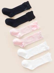 3雙女孩幼兒棉製蝴蝶結純色高筒襪 校園風 - 彩色 - 查看 3