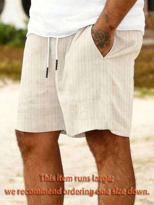 Plus Size Men's Lightweight Elastic Wavy Fabric Casual Shorts, Suitable For Beach Walks And Daily Outings