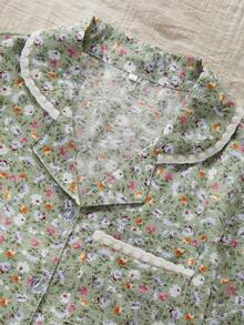 Women's 3-Piece Pajama Set, Romantic Ditsy Floral Print, Patch Pocket, Front Button, Lapel Collar, Short Sleeve Top, Shorts And Long Pants, Autumn/Summer Loungewear Set - Multicolor - View 4