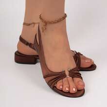 Women's French Roman-Style Open-Toe Slingback Sandals, Satin Ruched Backless Mid-Heel Chunky Heel Strap Sandals For College, Commute And Office, Summer New Style, Comfortable - Brown - View 2