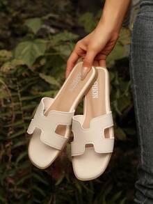 Women's H-Strap Flat Sandals, Square Toe Non-Slip Casual Slippers, Summer Beach Vacation Essential, Western Wedding Style, Solid Color Bohemian - Beige - View 4