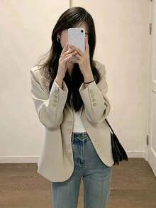 Blazer Kasual Gaya Korea Wanita, Elegan, Serbaguna, Lengan Panjang dengan Saku, Musim Gugur - Aprikot - View 3