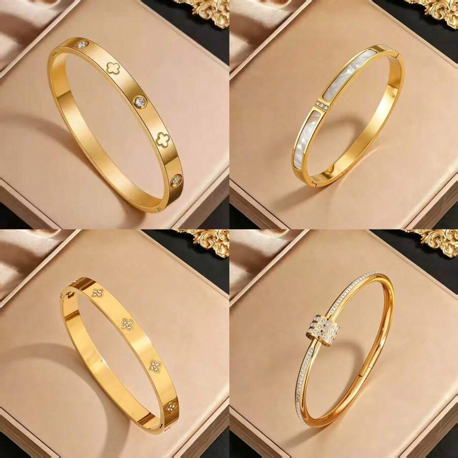 1 peça/4 peças Pulseira de Aço de Titânio Novo Não Desbotante, Pulseira de Aço Inoxidável Eletrolítico de Alta Qualidade para Mulheres, Estilo Europeu e Americano Requintado - Dourado - Visão 1