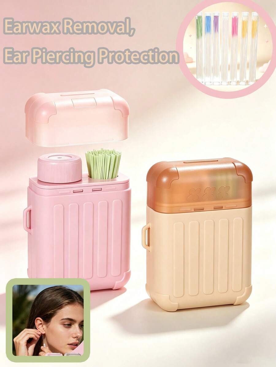 Multifunctional Cute Luggage Ear Piercing Cleaning Line Storage Box With Flip Cover, Dust-Proof Independent Slots For Ultra-Thin Disposable Ear Lines, Removes Ear Piercing Odor, Home And Travel Dual-Use Set