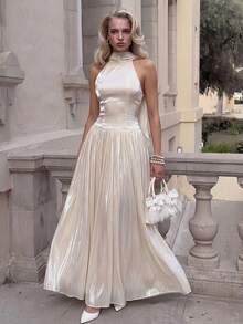 Elegant Women's Satin Spaghetti Strap Pleated Long Formal Dress Party Wedding - Apricot - View 11