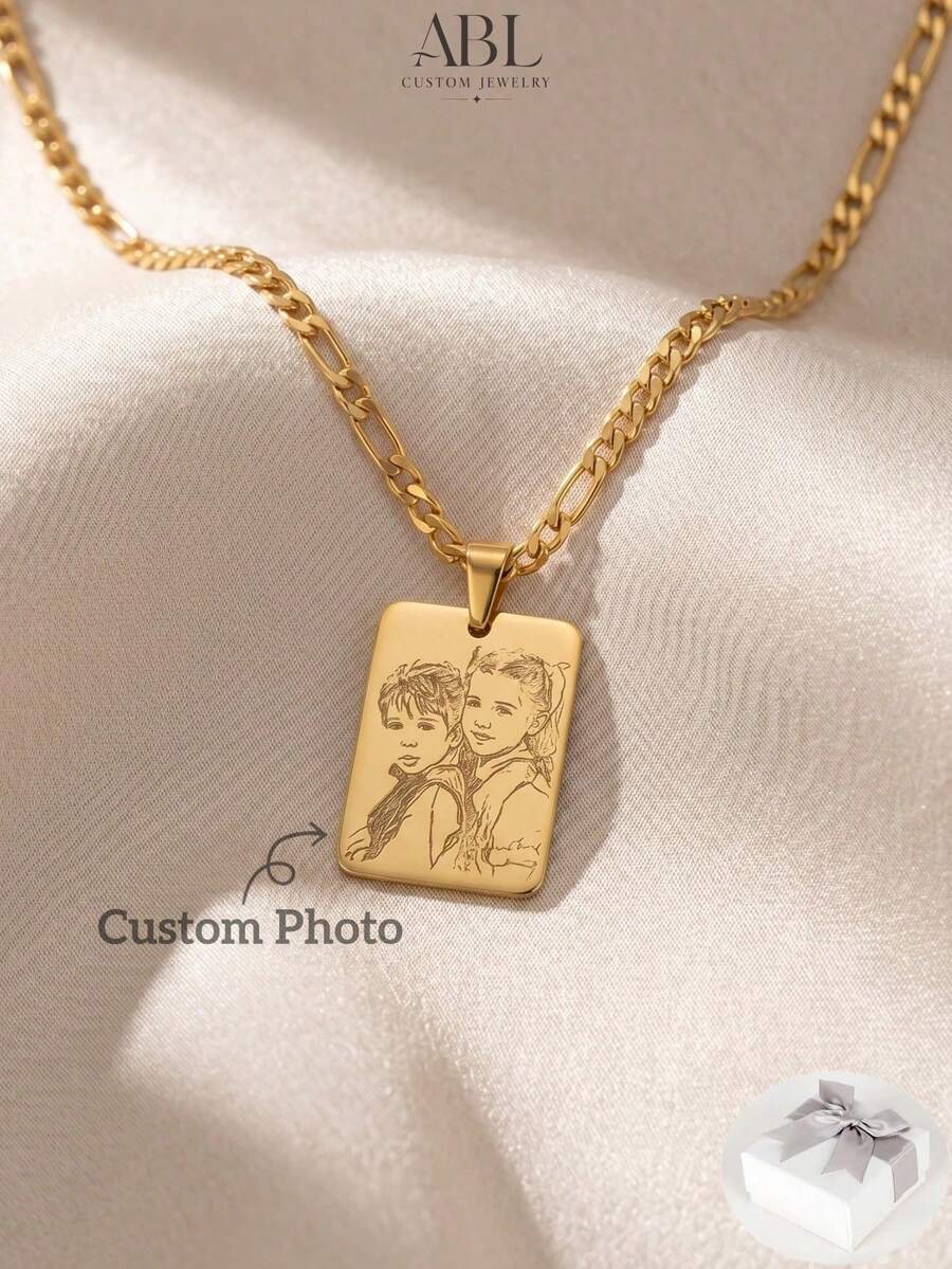 Personalized Photo Engraved Necklace, 18K Stainless Steel Gold Silver Portrait Pendant, Custom Family Pet Jewelry - Multicolor-figaro Chain - View 1