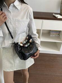 時尚毛絨波希米亞風單肩包，極簡托特包，可愛冬季女款手提包與錢包 - 黑色 - 查看 4