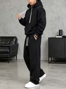 HEYKESON Men's 2 Pieces Sports Set Loose Pullover Hoodie And Wide Leg Drawstring Sweatpants Casual Outfit - Black - View 4