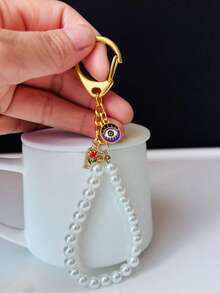 French Style Pearl Wrist Keyring Retro Metal Pendant Ladies Bag Accessory Starry Print Elegant Zinc Alloy Keychain All Year - Elegant - View 6
