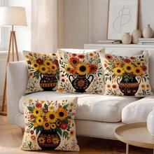 4pcs Sunflower Floral Pattern Pillow Covers Without Inserts, Single-Sided Printed Pillow Covers, Suitable For Living Room Bedroom Home Decor, All Season Pillow Covers - Multicolor - View 5