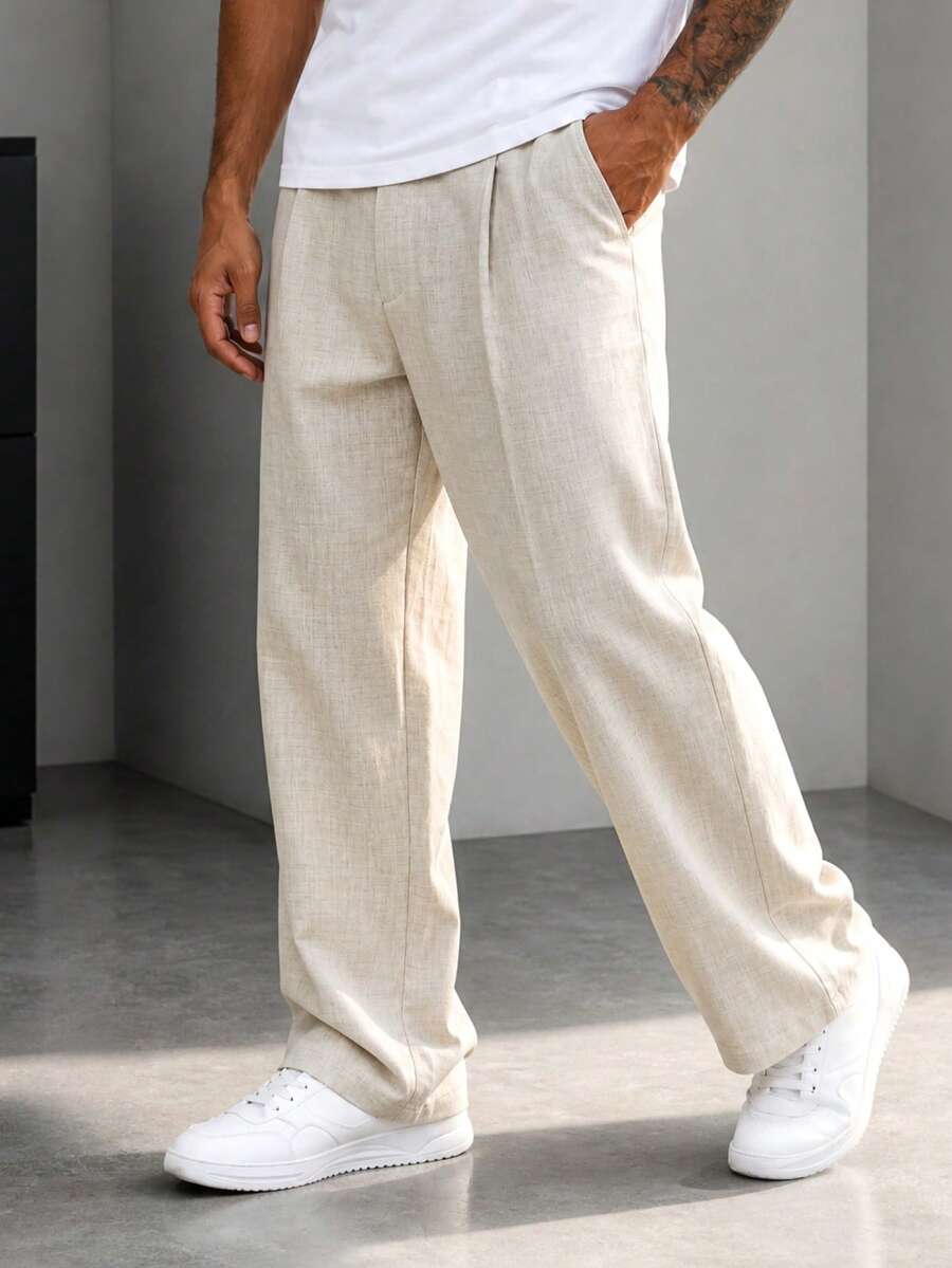 Blueprint Man 1pc Men's Long Pants, Apricot Linen Trousers With Drape, Loose Comfortable Breathable, Premium Practical Casual, Suitable For Commuting And Light Business - Apricot - View 1