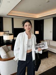 Korean Retro Denim Jacket Zip-Up Top, College Style, Home & Daily Wear, Spring & Autumn - White - View 7