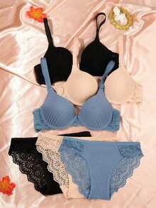3 Set Bra dan Celana Dalam Renda Bergaris Motif Bunga untuk Wanita, Set Bra Renda Wanita - MultiWarna - View 3