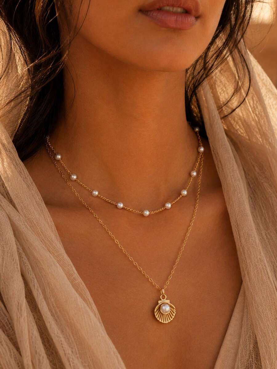 STONEFANS 1 pieza Collar colgante de perlas de doble capa de concha dorada para mujer, elegante collar de perlas falsas en capas, joyería para el atuendo del Día Nacional de Arabia Saudita, accesorio de vacaciones y fiesta de estilo desértico árabe - Dorado - Ver 1