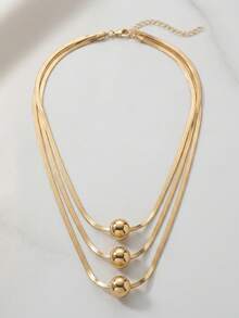 1pc Fashionable Exquisite 3-Layer Flat Snake Chain With Ball Pendant Layered Collarbone Necklace, Suitable For Women's Daily Wear, Holiday Gift And Birthday Gift - Yellow Gold - View 2