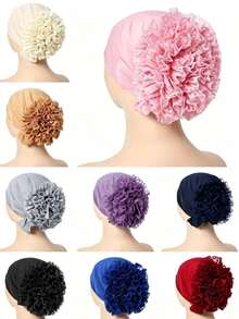 1 pieza Pañuelo grande musulmán, turbante, sombrero de color sólido con borde de encaje y cuentas - Negro - Ver 2